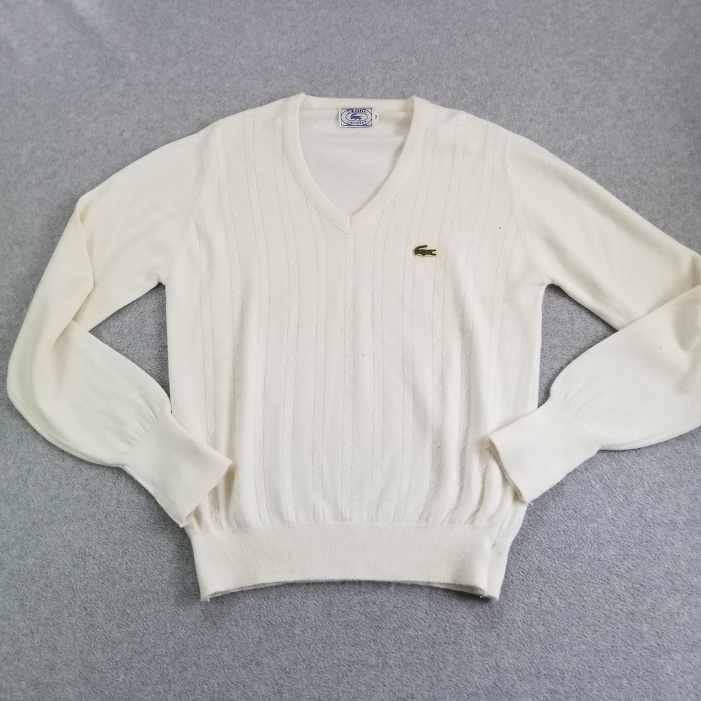 VTG Izod Lacoste Sweater Mens Medium Cream V Neck Cable Knit Logo 80s RN 21008